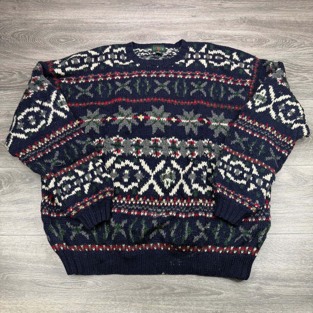 Vintage 90s J Crew Wool Sweater Mens XL Navy Fair Isle Nordic Ski Chunky Knit